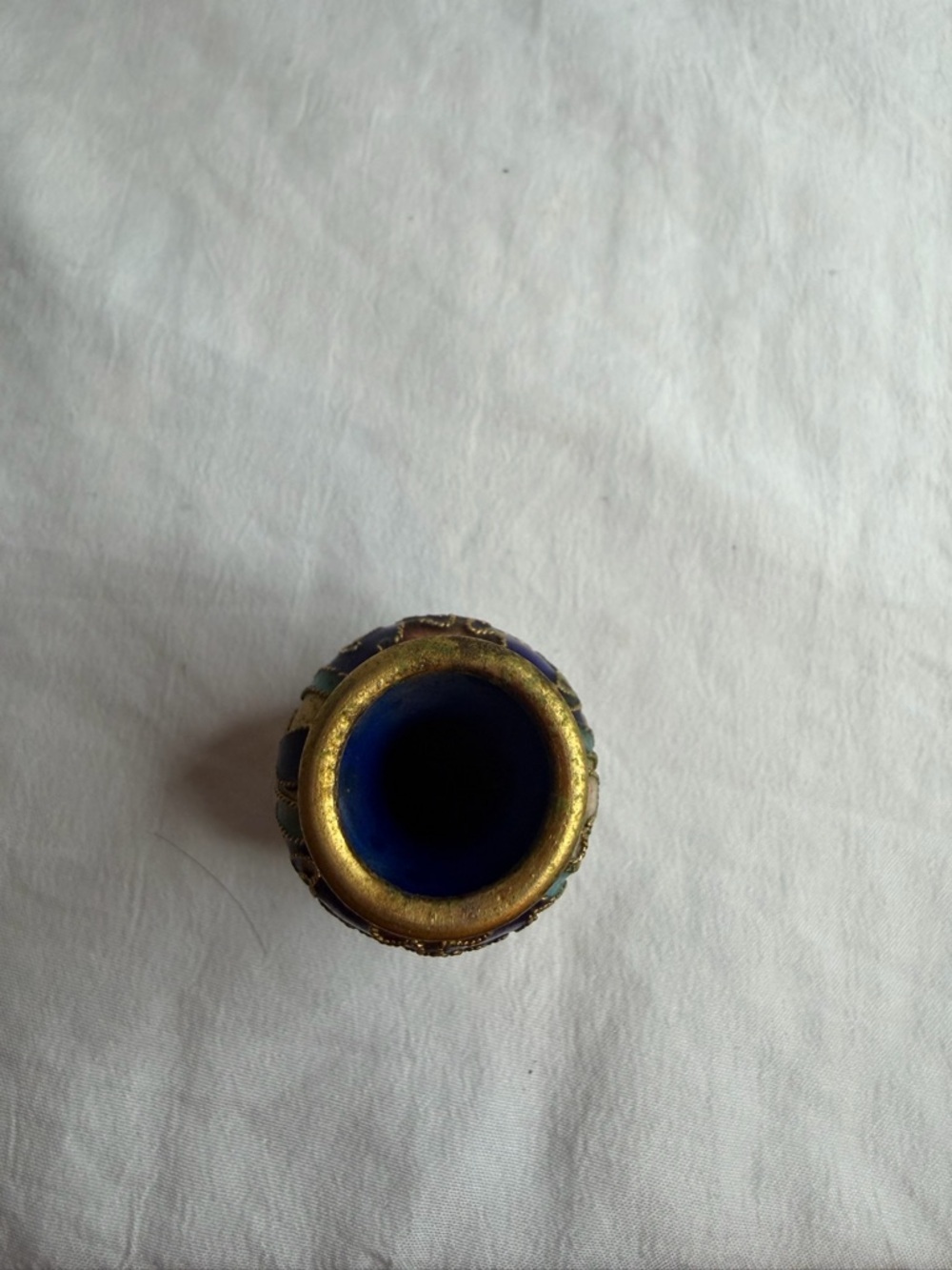 Vintage Mini Cobalt Blue Cloisonné Vase with Wood Stand - 2" Floral Enamel - Picture 7 of 10